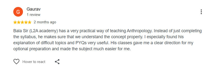 Google review from an Anthropology student at L2A IAS 1