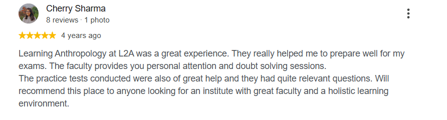 Google review from an Anthropology student at L2A IAS 3